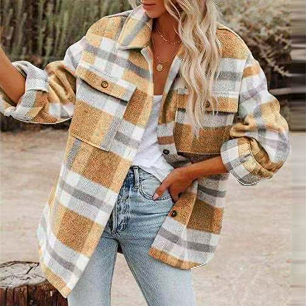 EINCcm Shacket Jacket for Women, Fall Clothes for Women 2022, Women Autunm  and Winter Plaid Printed Long Sleeve Turn-down Collar Suit Cardigan Woolen 