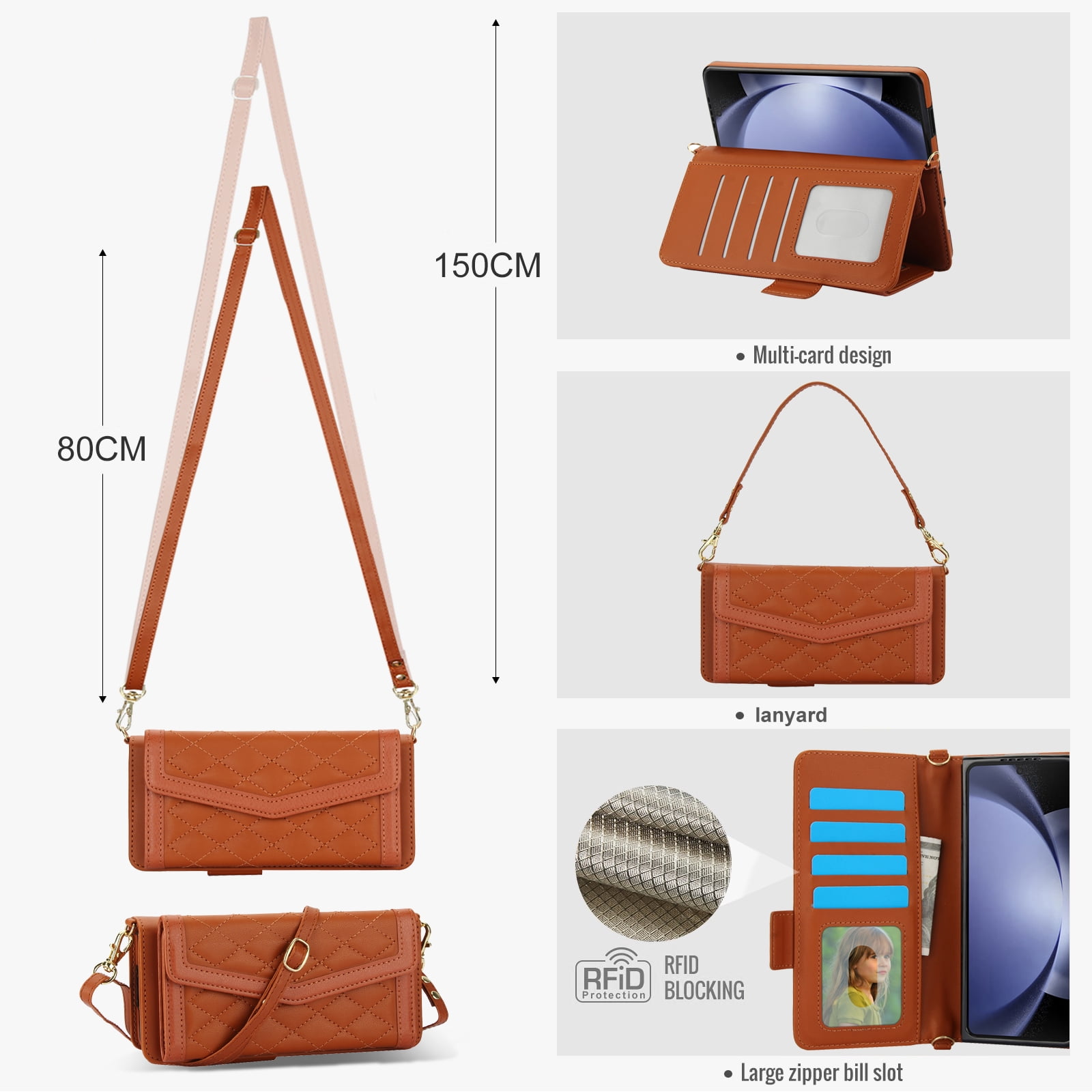 Dteck for Samsung Galaxy Z Fold 6 Wallet Case with S Pen Holder for Women, Crossbody Wallet Z Fold 6 Phone Case with 12-Card Slots, PU Leather Flip Case with Strap Wristlet & Shoulder Strap,Brown
