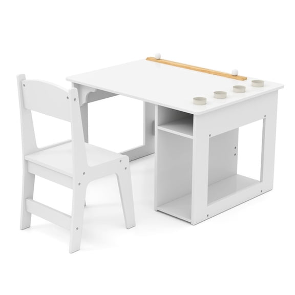 Furnibear Kids Art Table and Chair Set with Paper Roll a toddler craft and drawing desk for children, White