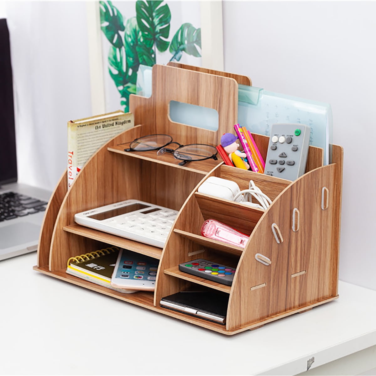 Wood Desk Organizer Mail Holder Office Supplie Storage Tabletop Multi