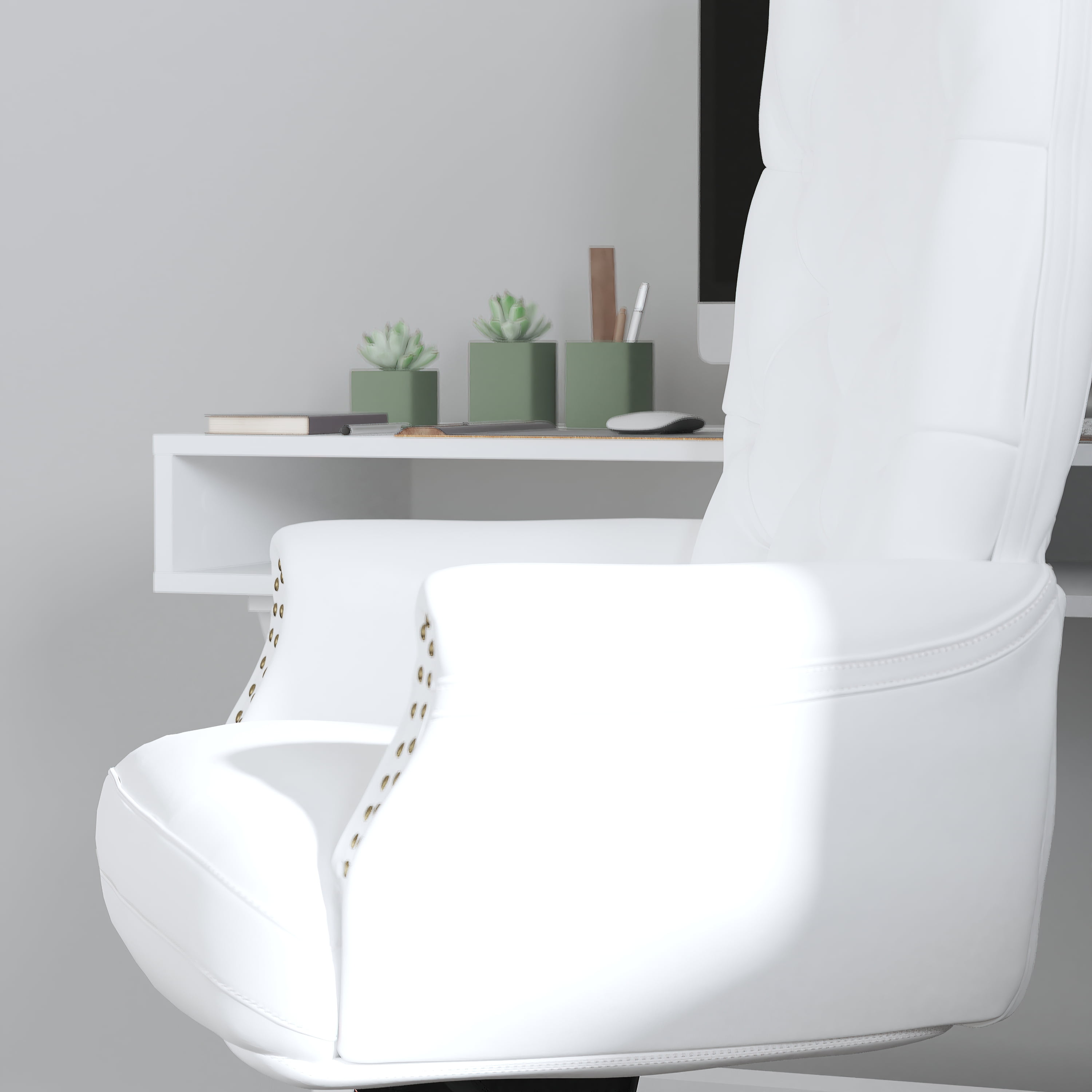 Merrick Lane White Faux Leather Office Chair with Ergonomic Lumbar Support and Button Tufted High-Back Design
