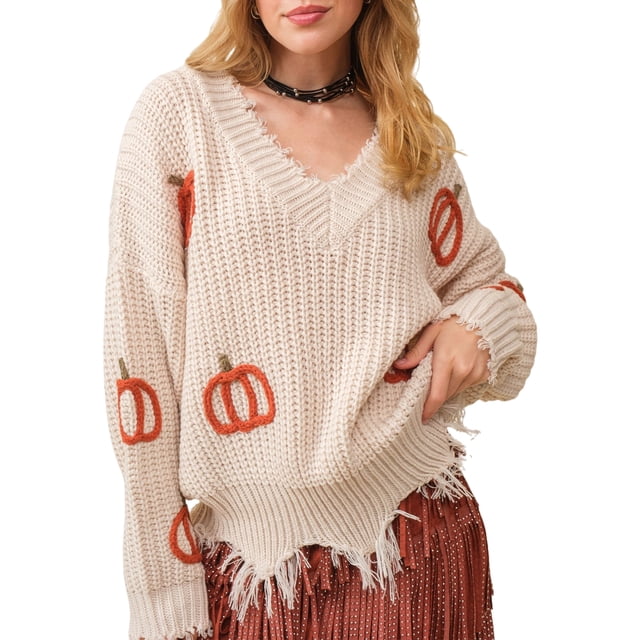 Suéter de Halloween para mujer Tsseiatte, jersey de calabaza de manga larga con cuello en V, suéter cálido para otoño e invierno.