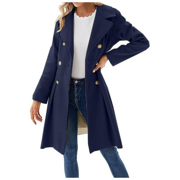 Women'S Fall/Winter Lapel Double Breasted A Line Coat With Pockets Coat Women'S Wool & Blends Blue S