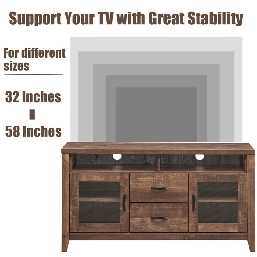 Finihen TV Stand, TV Cabinet, Wooden Retro TV Stand with Drawers and Tempered Glass Doors, Media Entertainment Center with Storage, for Living Room, Bedroom, Brown
