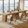 thumbnail image 2 of Finmind 55.1" W Conference Table for 4-6 People, Modern Meeting Table with Thick Tabletop and Double Trapezoidal Legs, Small Wood Seminar Desk Office Furniture for Conference Room, Light Brown, 2 of 7