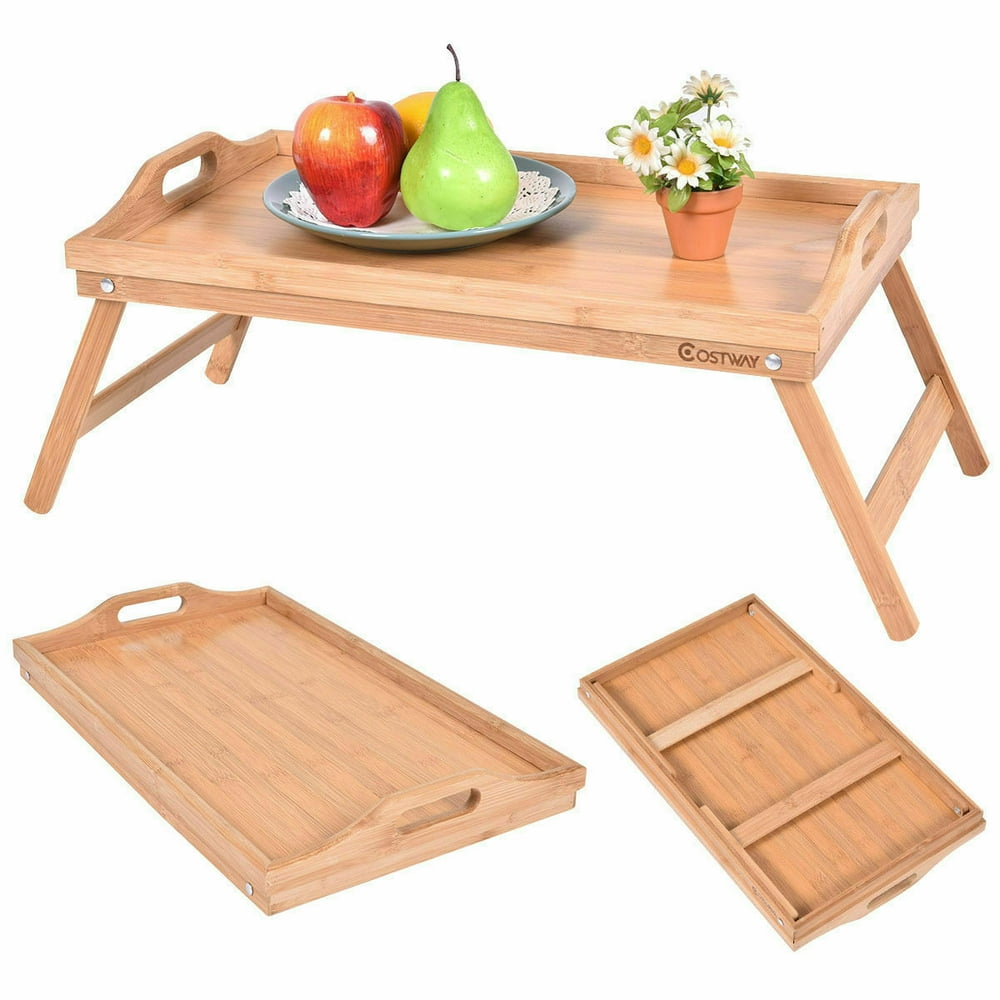 Portable Bamboo Breakfast Bed Tray Serving Laptop Table Folding Leg w/ Handle