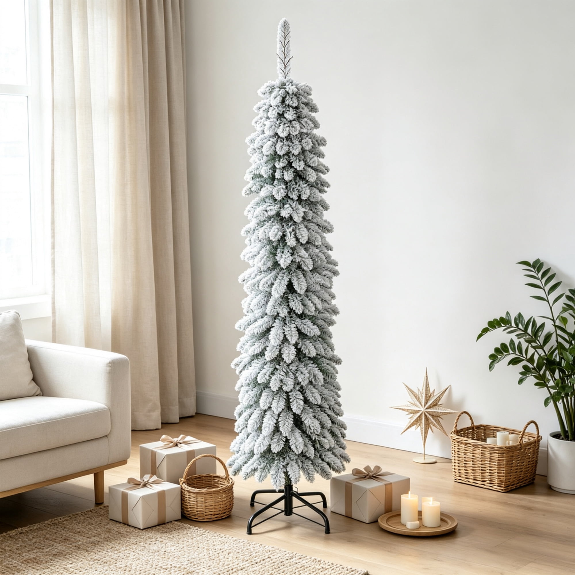 Astoutdoor 5 ft Slim Pencil Artificial Christmas Tree, Snow-Flocked, 301 Branch Tips, Green, Indoor Use