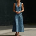 thumbnail image 6 of Ecqkame Summer Dresses for Women V Neck Sleeveless Print Casual Long Dress Flowy Lightweight Vacation Boho Dresses with Pockets Blue S, 6 of 8