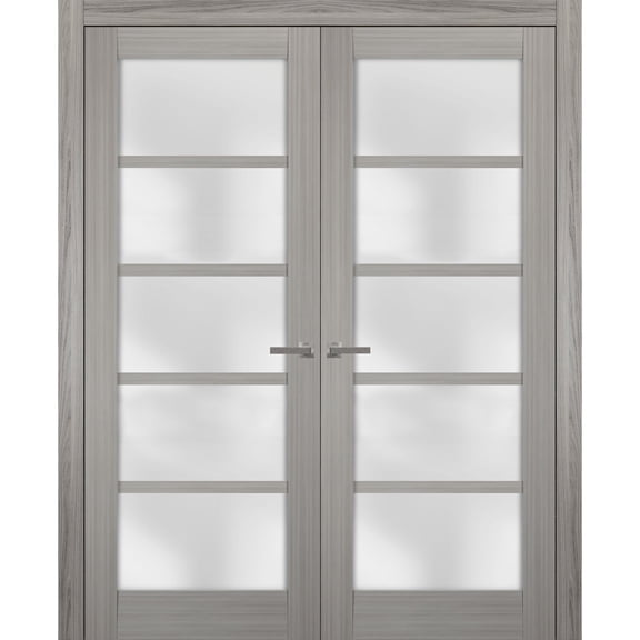 Solid French Double Doors 60 x 80 inches Frosted Glass | Quadro 4002 Grey Ash | Wood Solid Panel Frame Trims | Closet Bedroom Sturdy Doors