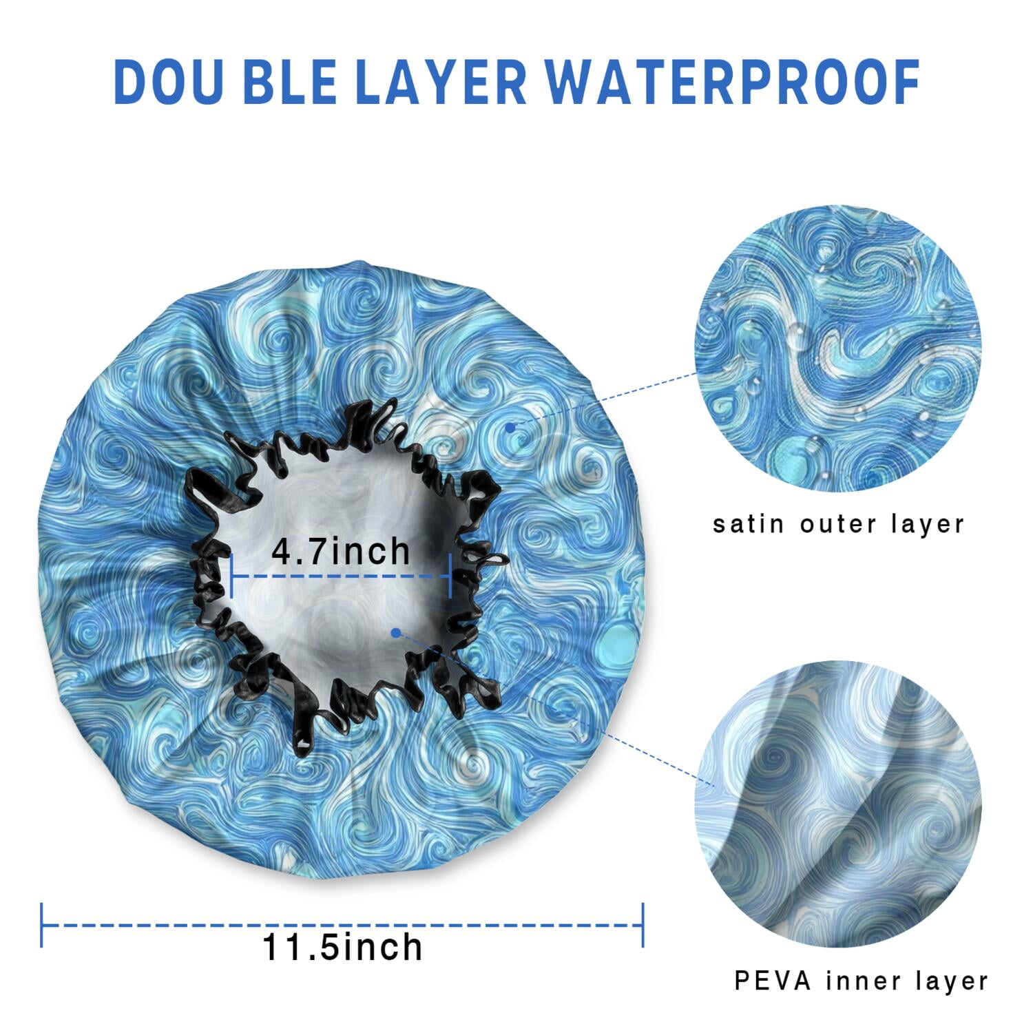 Shower Caps,Blue White Tie Dye Swirl Pattern Waterproof Shower Cap for Women 4 Pieces,Double Reusable Hair Cover for Shower PEVA Elastic Stretch Hem