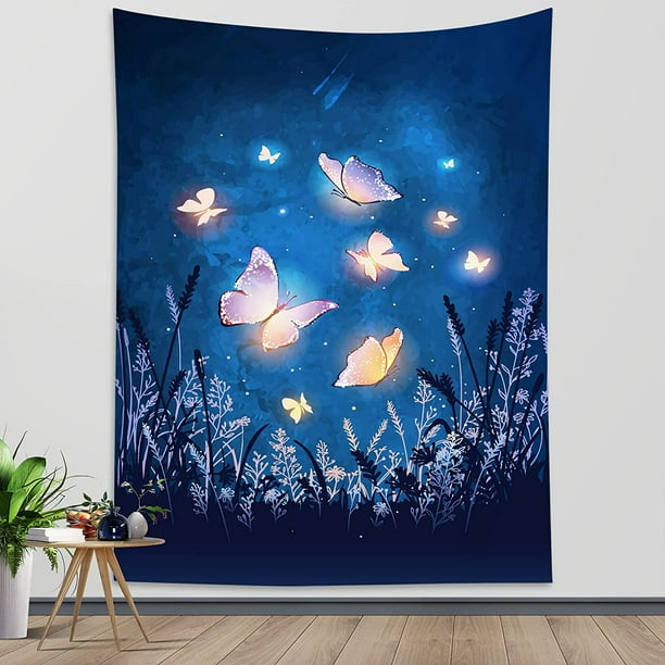 Butterfly Tapestry Wall Hanging Rustic Insect and Firefly Flying in Weed at Navy Blue Moon Night Fantasy Mysterious Tapestry for Living Room Dorm Bedroom Decor 51WX 59H Inch Walmart