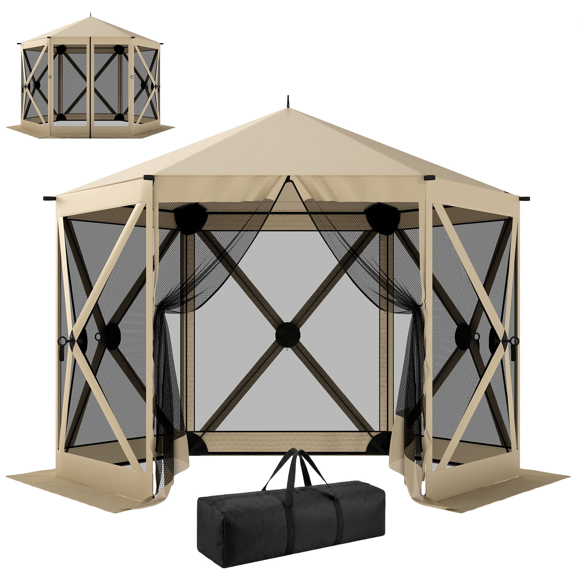 Outsunny 10 x 11 ft Pop Up Gazebo Screen Tent, Outdoor Portable Instant Camping Canopy Screen House Sun Shelter with Nettings, Carry Bag, Beige