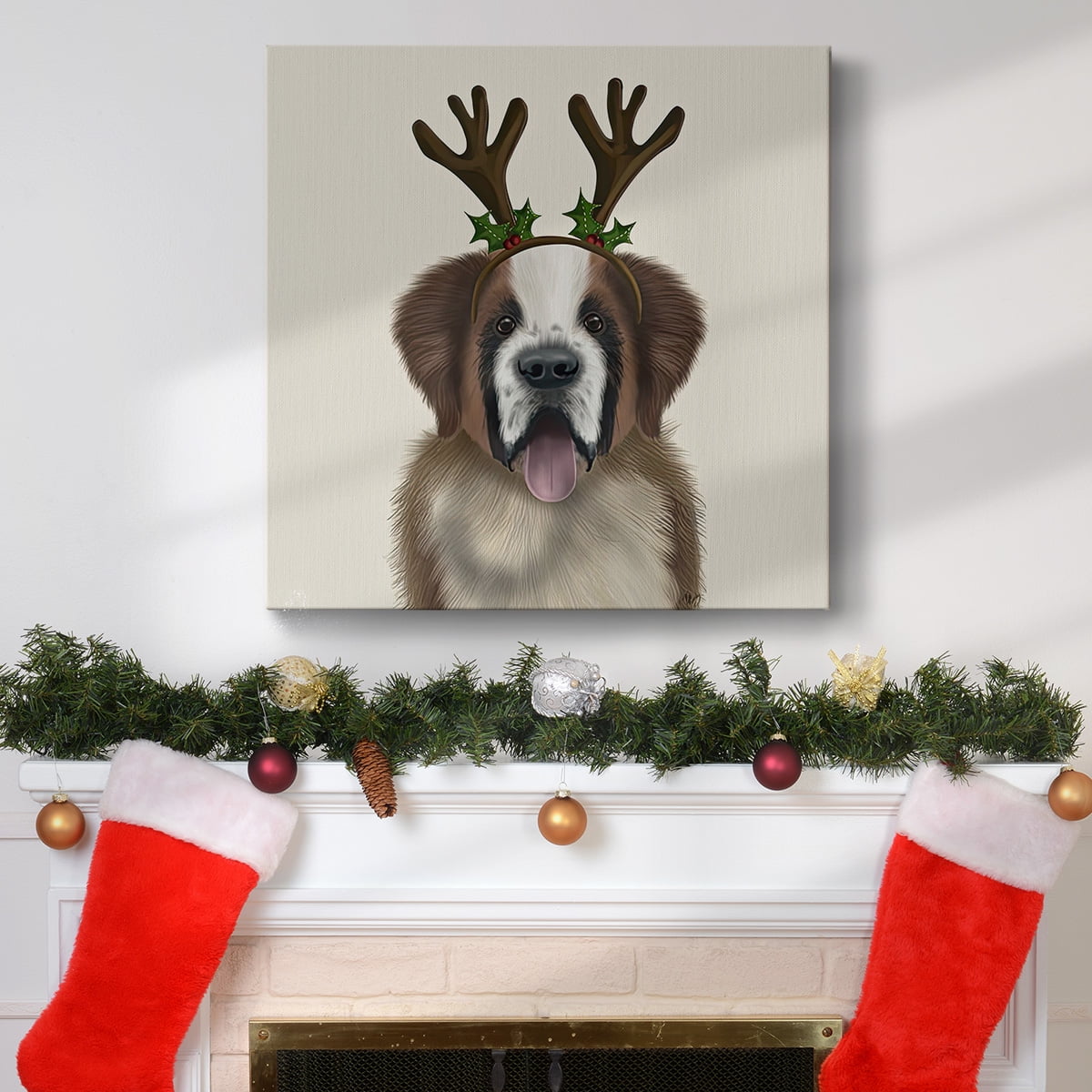 St Bernard Christmas Antlers- Gallery Wrapped Canvas