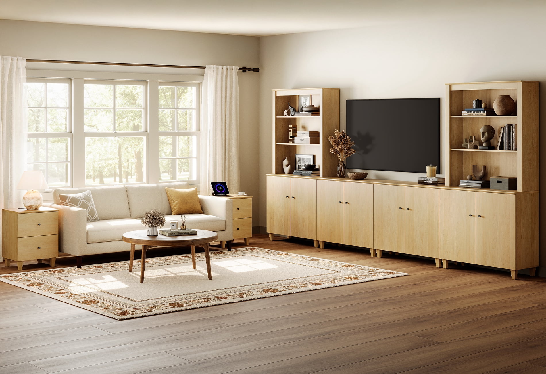 WAMPAT Entertainment Center and Side Table Set of 3, Modern Wooden TV Stand for 75" TV with Cabinets and Open Shelves, 2 Charging End Tables with Drawers for Living Room, Oak