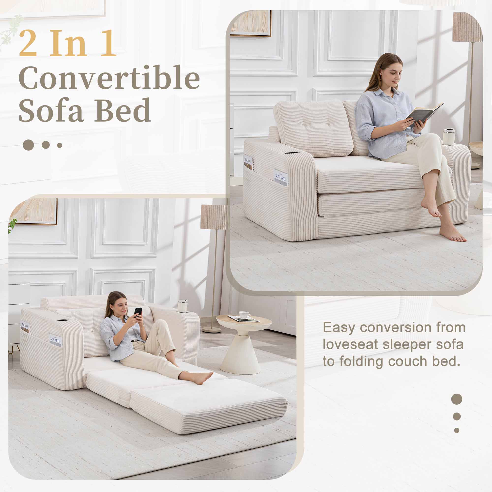 Lunale 54" Convertible Sofa Bed, Small Boneless Cloud Couch with Cup Holders, No Assembly Required, Corduroy Floor Sleeper Sofa, Beige