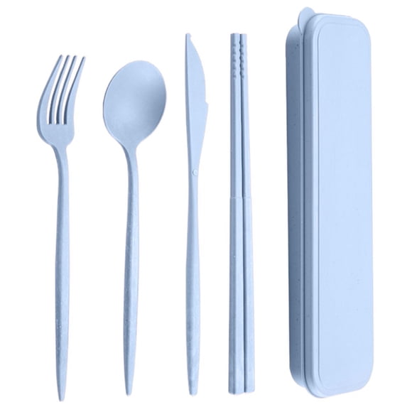 Ensemble de Couverts en Plastique Réutilisables et Portatifs 4 Pcs/Ensemble avec Boîte de Rangement Cuillère Fourchette Coupe Baguettes Ensemble de Vaisselle pour Étudiants pour Voyage en Plein Air, Bleu