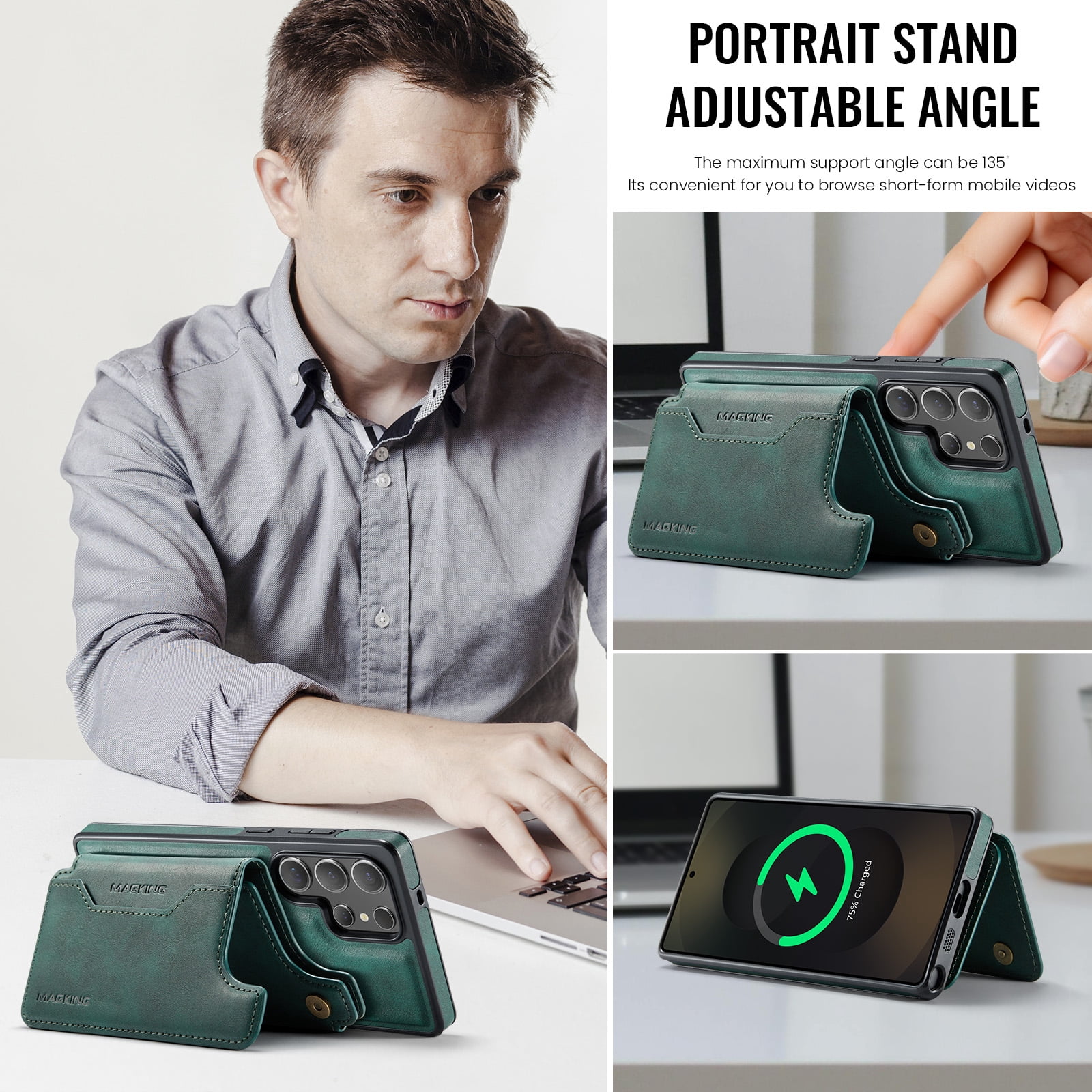 Designed for Samsung Galaxy S24 Ultra Wallet Phone Case,Magnetic Detachable Flip Card Holder,Back Flip Kickstand,Compatible with Mag-Safe,2-in-1 PU Leather Heavy Duty Shockproof Phone Case,Green