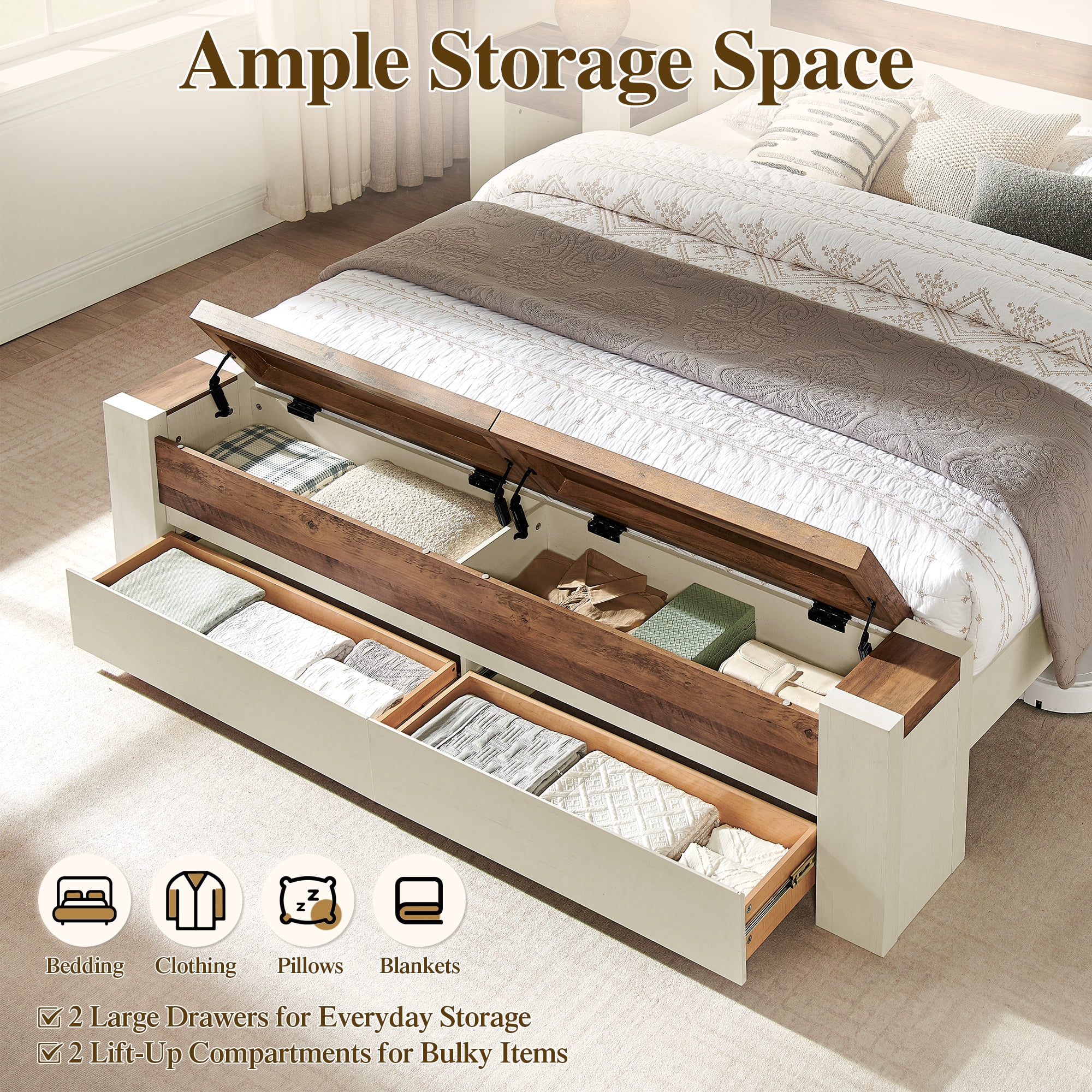 KeyWhat Modern King Size Storage Bed Frame with Panel Headboard, Footboard Storage Bench, Built-In Drawers, Lift-Up Compartments, No Box Spring Needed, Antique White