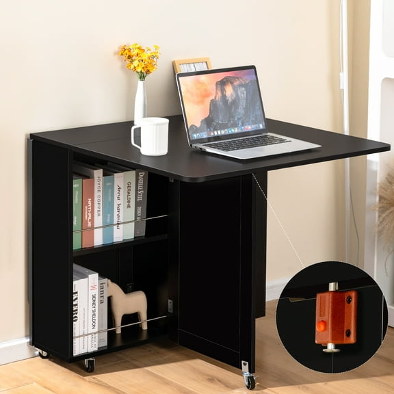 Folding Dining Table, Dinner Table with Shelves, Space Saving Foldable Dining Table with 6 Wheels, Kitchen Table for Small Spaces -Black