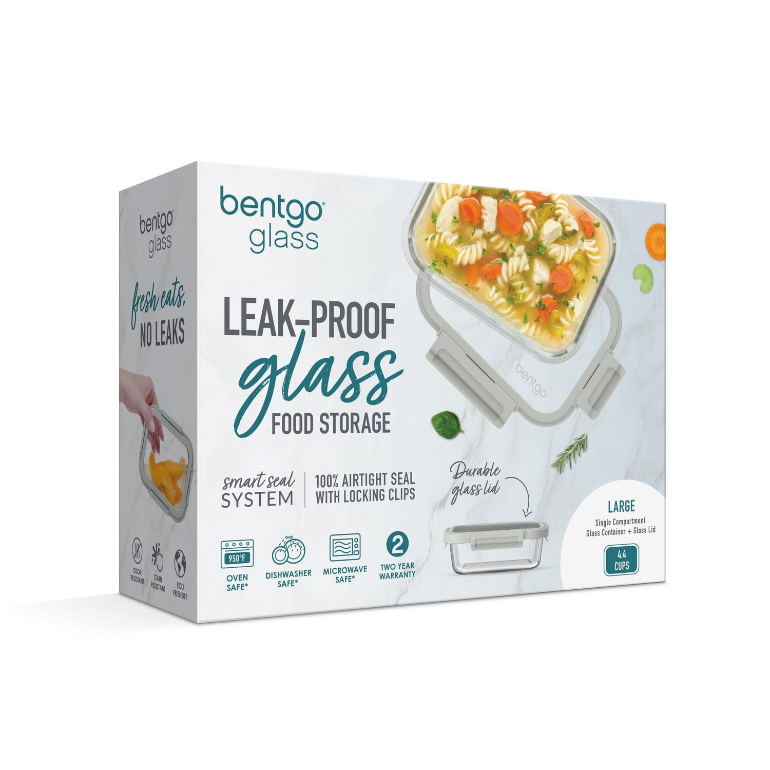 Bentgo Glass Conservation des aliments en verre anti-fuite (récipient de 4,4 tasses) - Pebble Beach