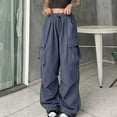 thumbnail image 2 of BLVB Women's Baggy Cargo Pants Elastic High Waist Drawstring Wide Leg Pants Casual Teen Girls Trousers Streetwear, 2 of 6