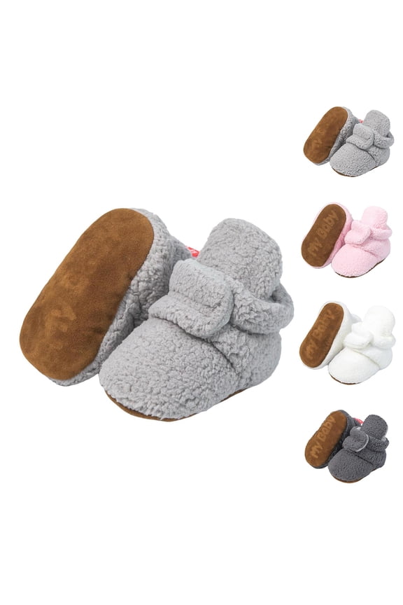 Newborn Baby Cotton Booties Stay On Slipper Winter Warm Soft Shoes Non-Skid Infant Ankle Boots Crib Shoes White 12 Months