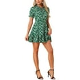thumbnail image 2 of INSPIRE CHIC Women's Ruffle Floral Bow Tie Chiffon Puff Short Sleeve Fit & Flare Dress M Green White, 2 of 5