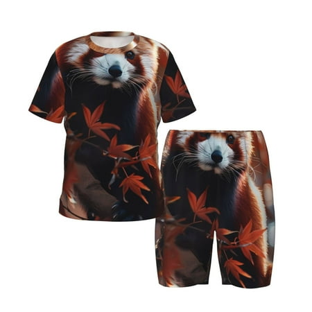 Picia Red Panda Autumn Branches Printed Boys  Kids-PJ Snug Fit Cotton Short Sleeve Top and Shorts 2 Piece Pajama Set-X-Large