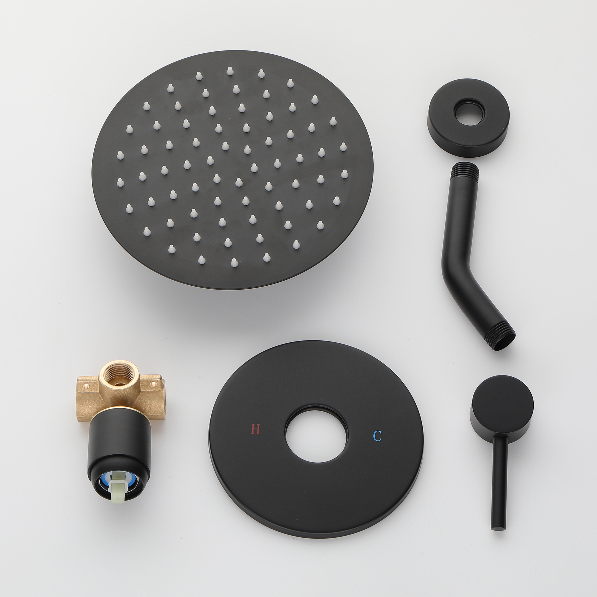 8-Inch Stainless steel/Brass Round Rainfall Showerhead with Ceramic Faucet Control Valve, 6.7 Inch Extension Arm, Wall mounted Head Shower-Matte Black(Without Hand shower)