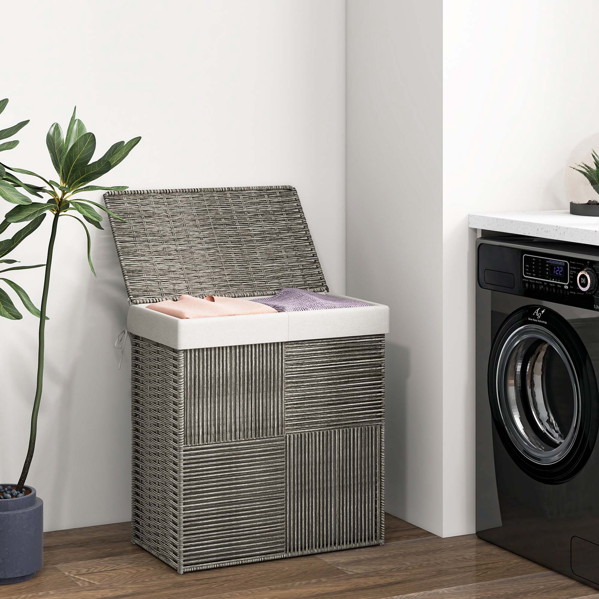 Costway Hand-woven Rattan Laundry Hamper with Lid Removable Liner Bag 29-Gallon 2-Section