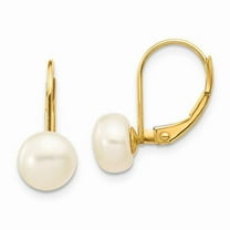 Primal Gold 14 Karat Yellow Gold 7-8mm White Button Freshwater Cultured Pearl Leverback Earrings