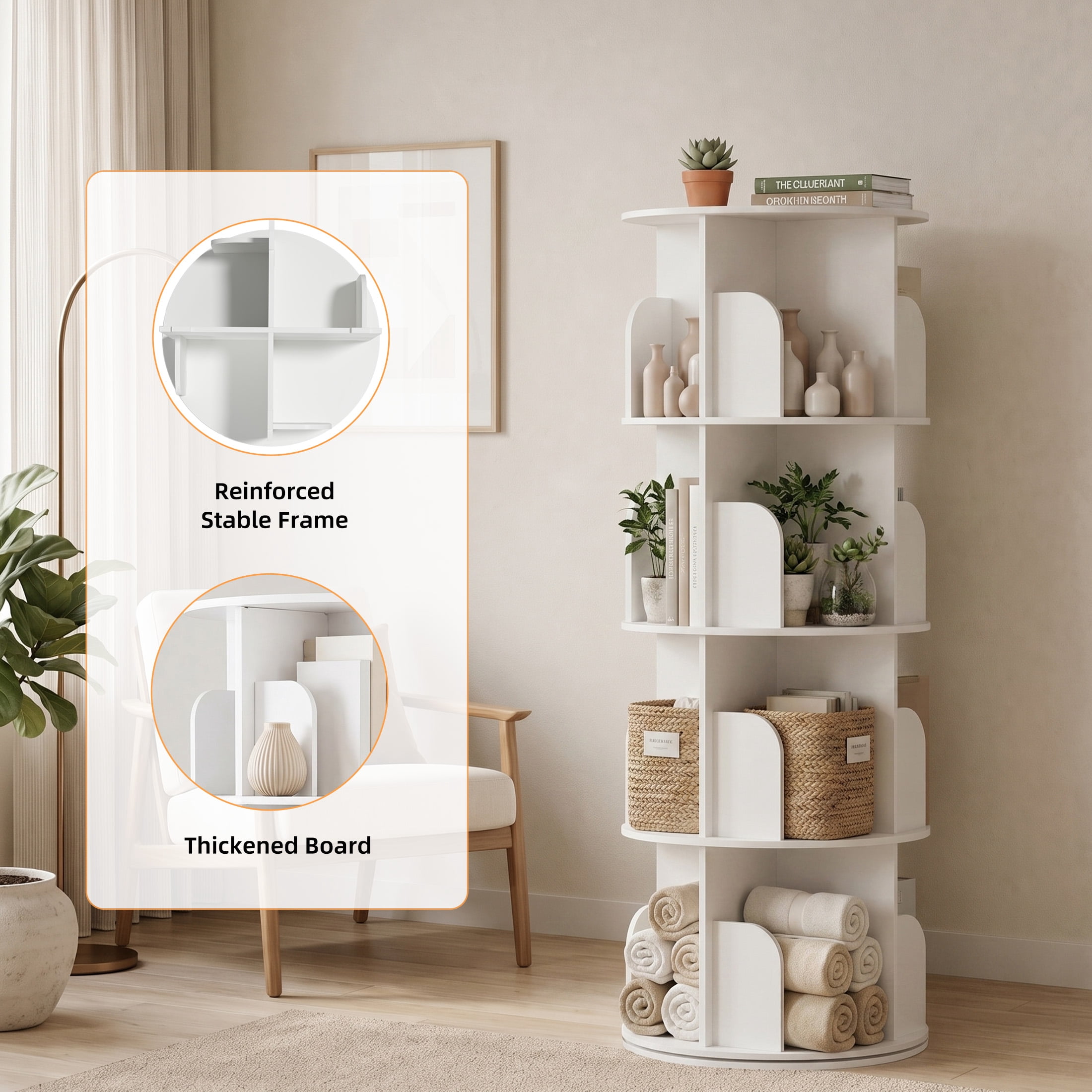 Gianna 4 Tier Rotating Bookshelf, 360 Display Floor Standing Bookcase Storage Rack, White