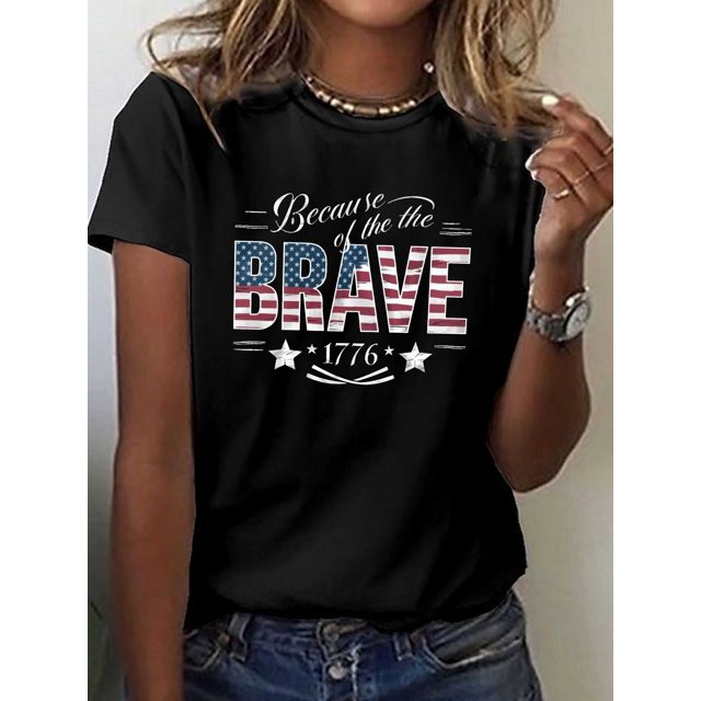 Women's Patriotic "Because of the BRAVE 1776" American Flag Print T-Shirt - Vibrant Green Short Sleeve Crew Neck Casual Top, Medium Stretch Machine Washable All-Season Comfort, Comfortable