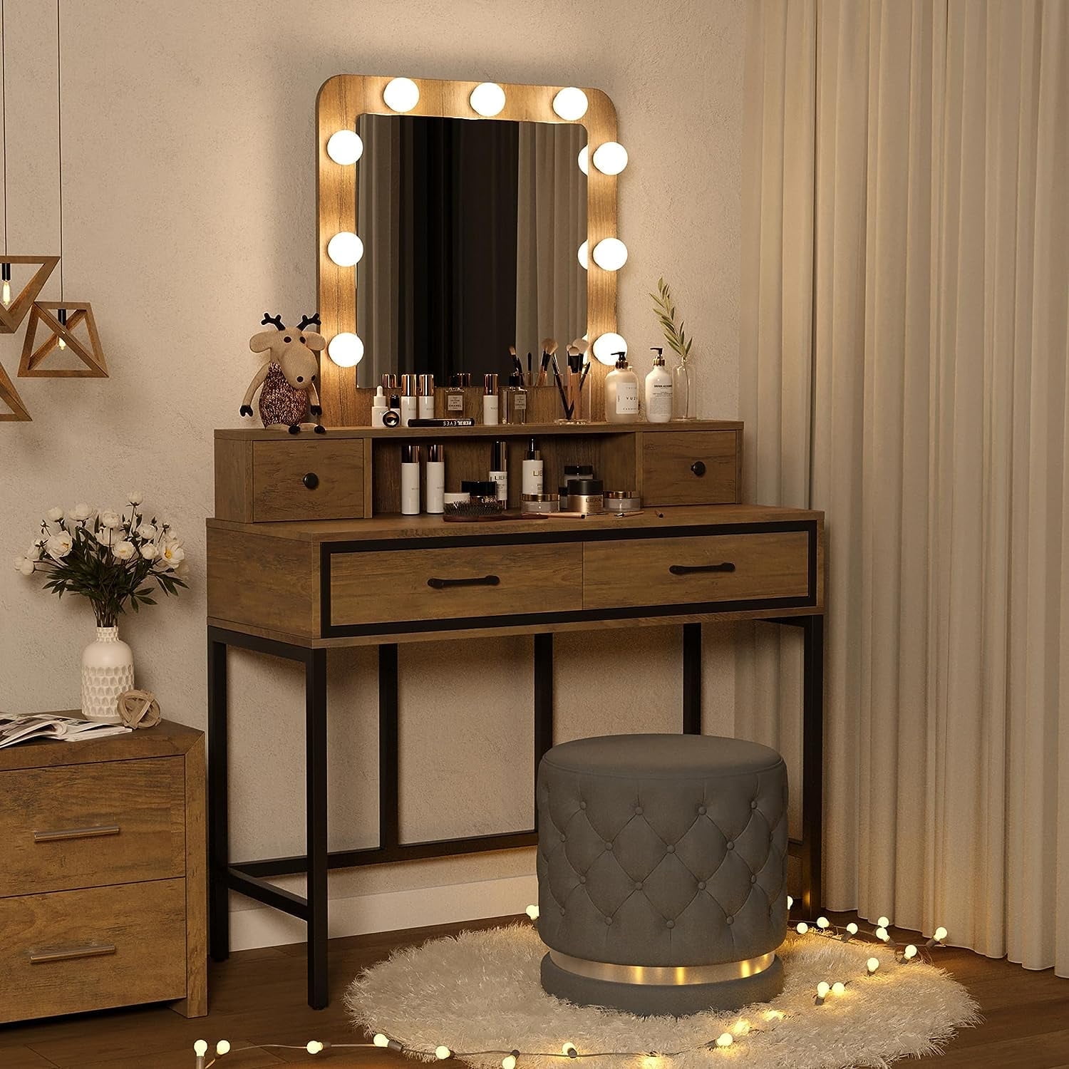 Heynemo Makeup Vanity with 3 Color Dimmable Lighted Hollywood Mirror, Vanity Table with 4 Drawers for Women Girls, Dressing Desk for Bedroom, Beauty Room, Brown