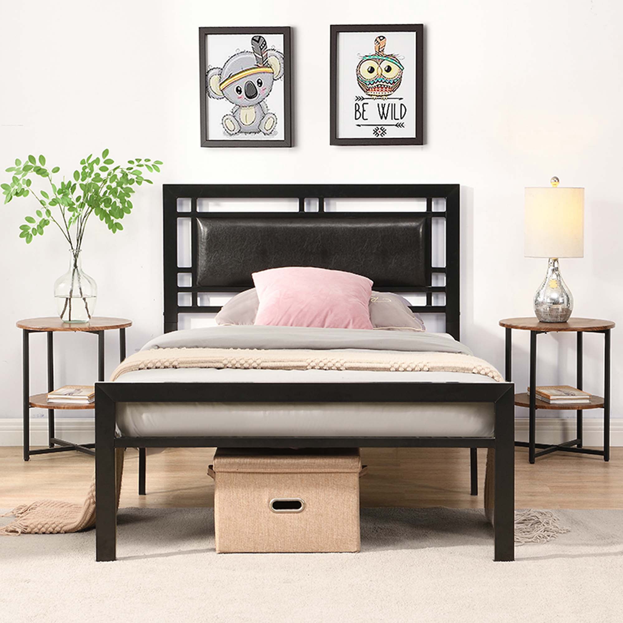 DEALTOPS Metal Platform Twin Bed Frames with Headboard Heavy Duty Steel Slat Support No Noise, Black