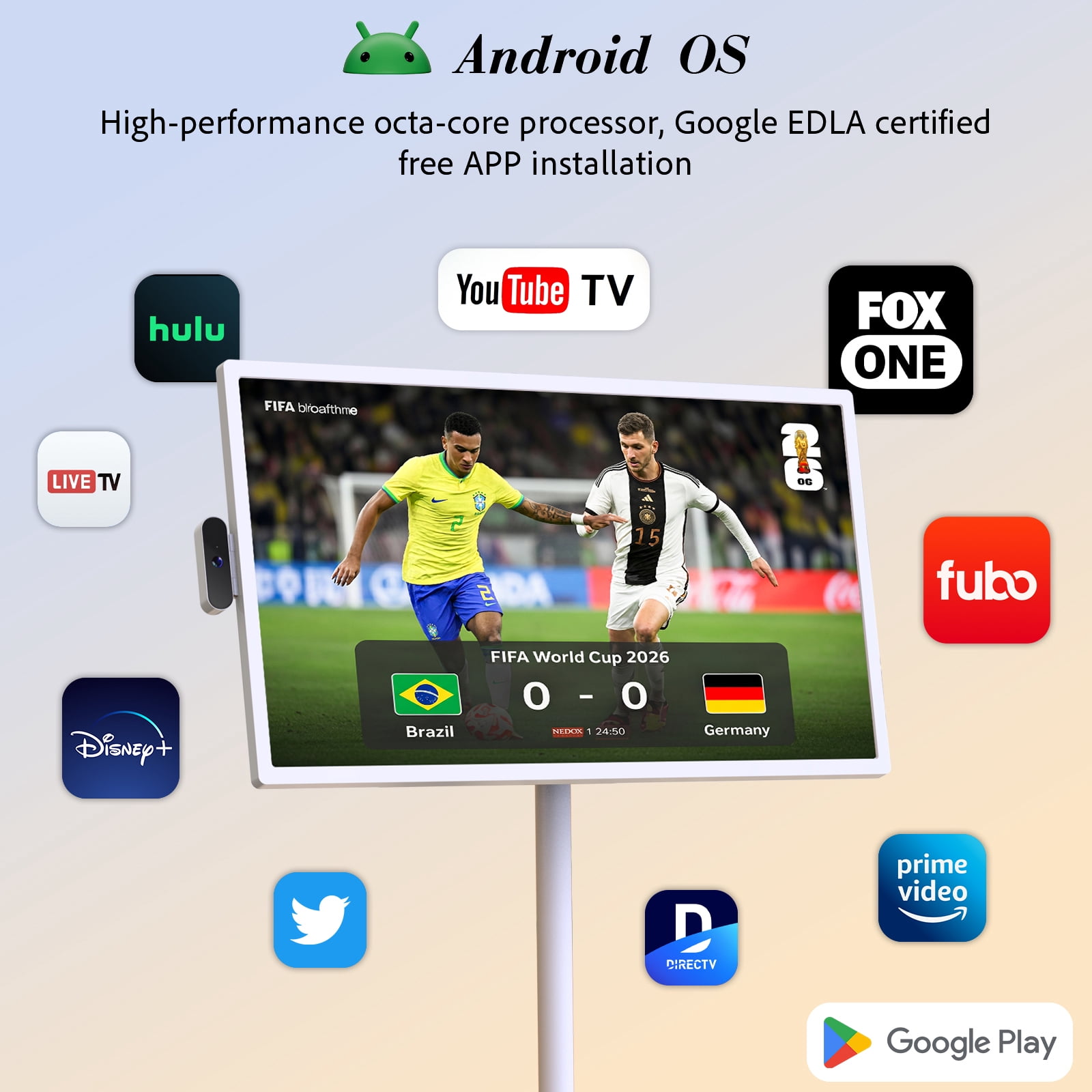 ApoloSign 32" 4K UHD Smart Portable TV with Android 16, 2nd Gen Moveable Touchscreen Monitor on Wheels, 256GB Storage, Built-in 15000mAh Battery, 8MP Camera, Smart Screen for Home & Kitchen