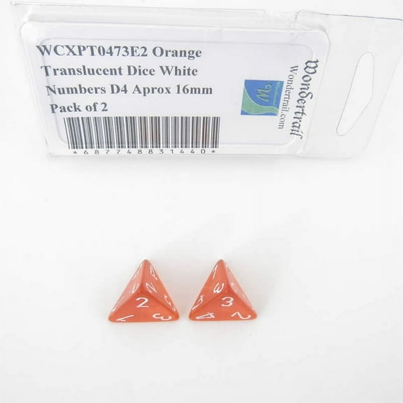 Orange Translucent Dice with White Numbers D4 Aprox 16mm (5/8in) Pack of 2 Wondertrail