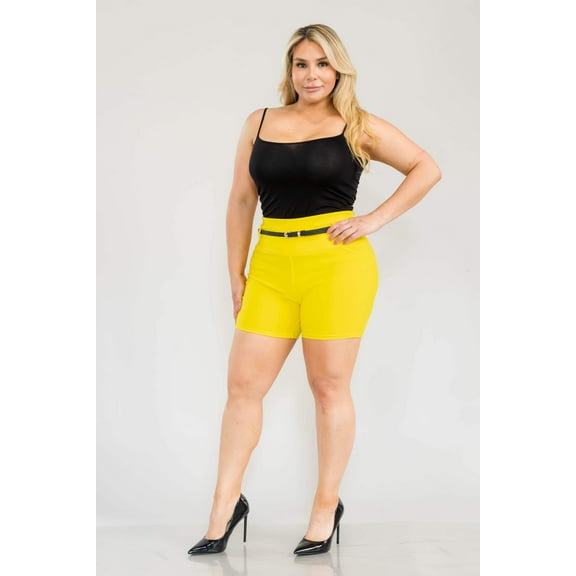 Plus Size High Waist Sculpting Shorts With Faux Leather Belt - Yellow