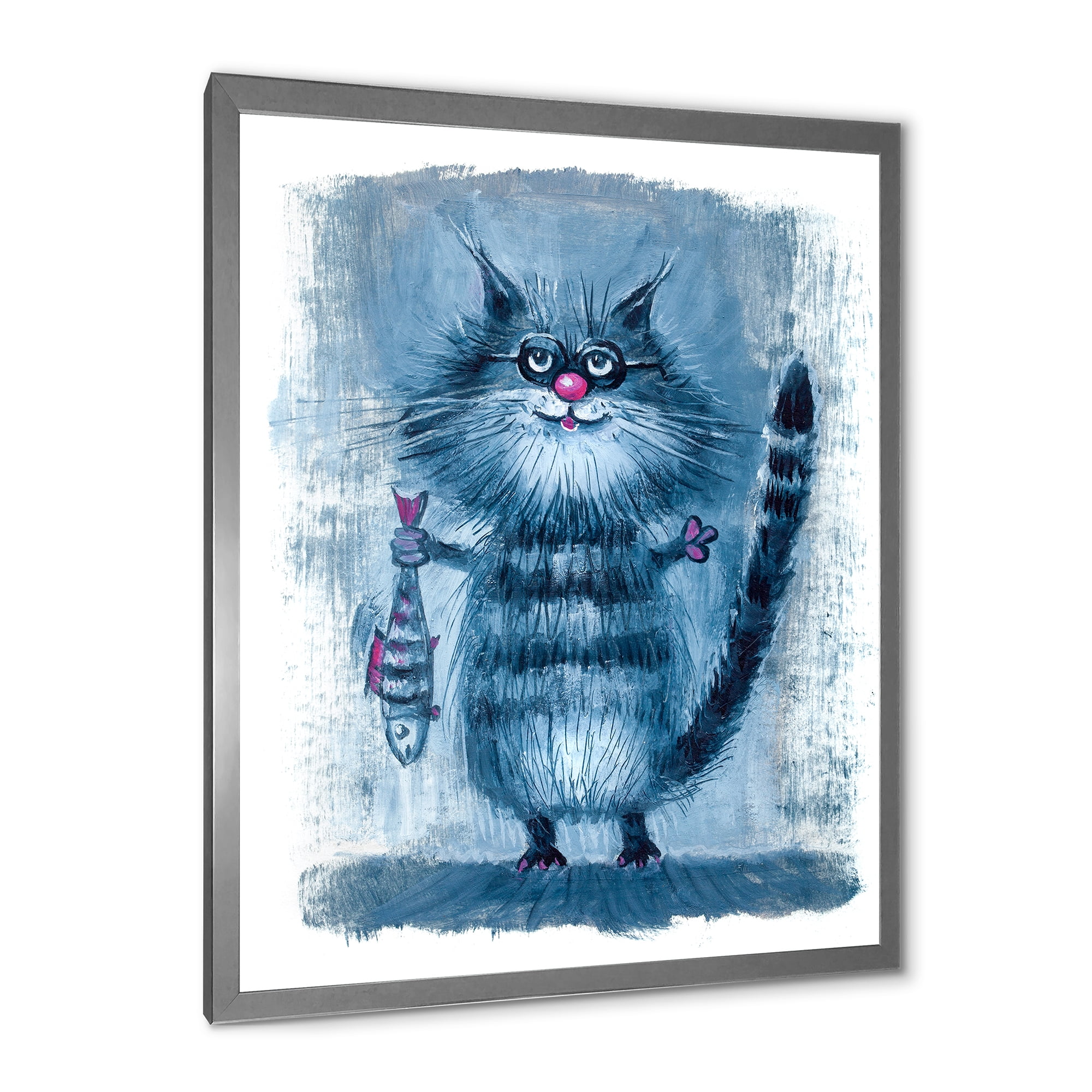 Designart 'Standing Cat Holding A Fish In Its Claws' Nautical & Coastal Framed Art Print