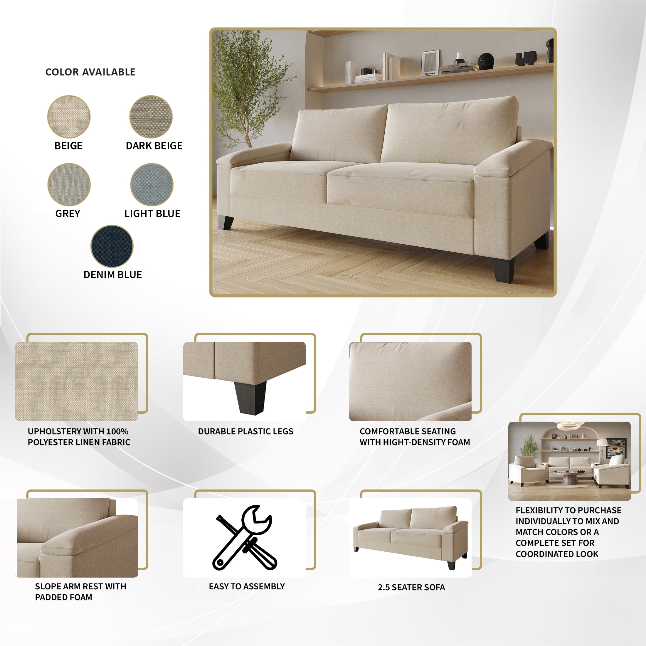 Castle Place Elegance Linen Upholstered Sofa, Dark Beige