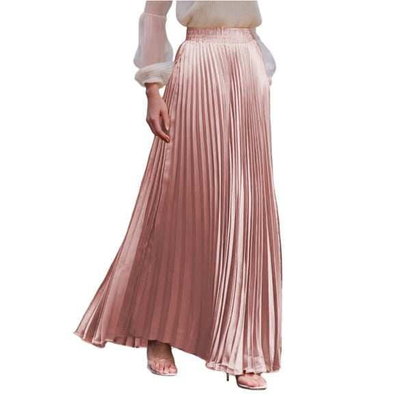 Yucgh Women's Pleated Solid Color Maxi Skirt with Large Swing, A-line Floor Length Skirt, Casual Flowy Skirt with Elastic Waist,Pink,L