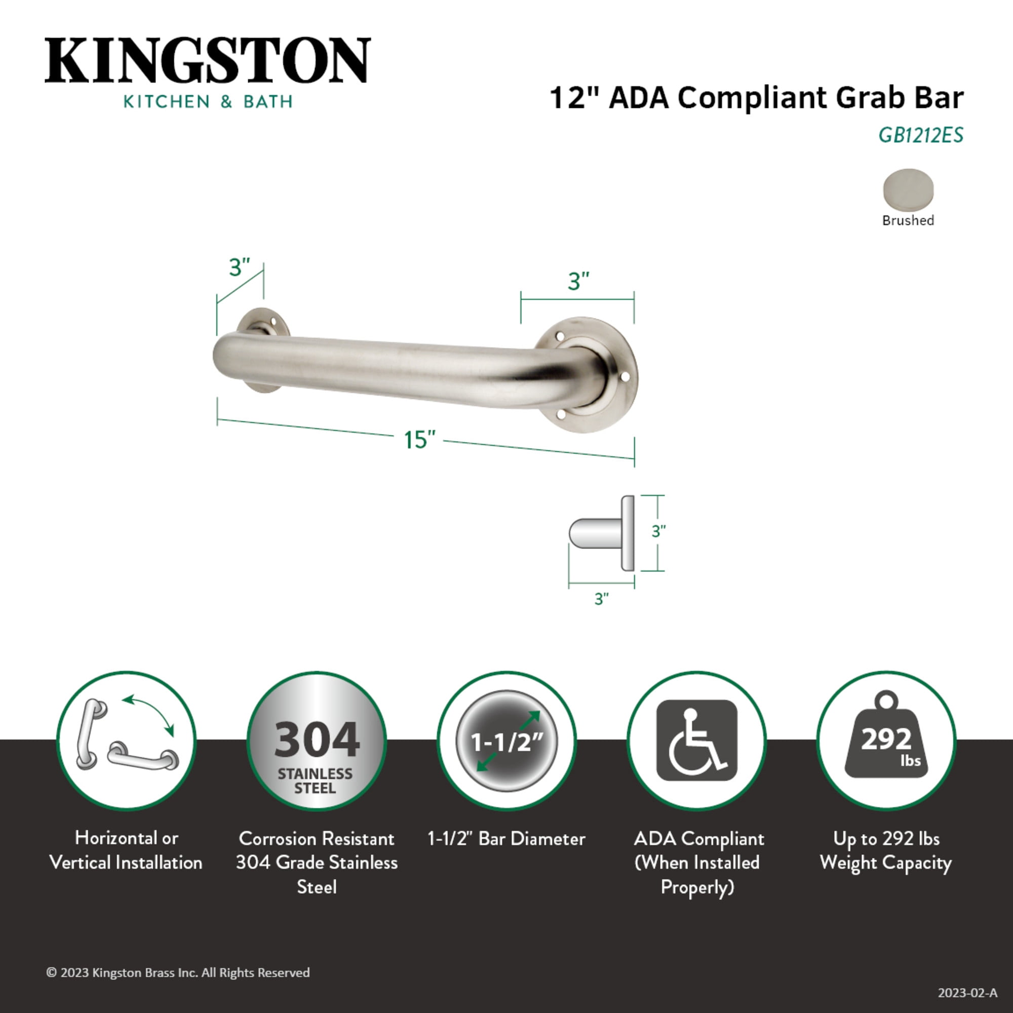 Kingston Brass GB1212ES Made To Match 12-Inch x 1-1/2-Inch O.D. Stainless Steel Grab Bar in Brushed