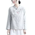 thumbnail image 3 of Dazajoo Vintage Floral Embroidery Cotton Linen Tops for Women Chinese Frog Button Long Sleeve Loose Casual Blouses Shirts,White,XXXL, 3 of 4