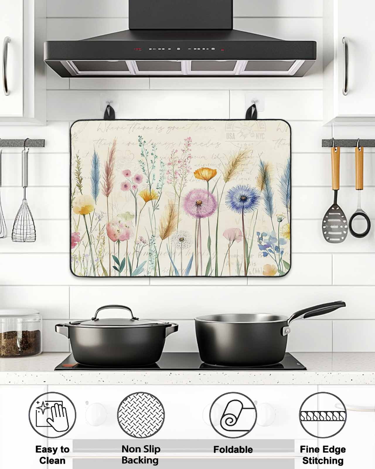Stove Top Covers for Electric Stove, Leaf Wildflower Glass Stovetop Cover Protector, Vintage Country Plant Floral Leaves Induction Cooktop Protector Oven Mat for Kitchen Countertop 24"x21"