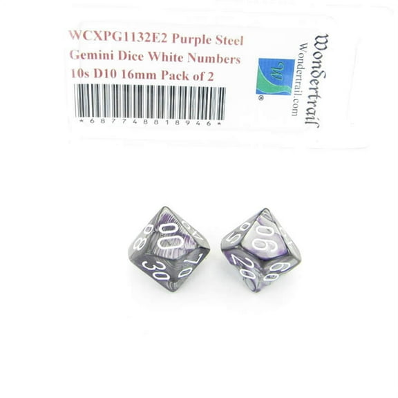 Purple and Steel Gemini Dice with White Numbers 10s D10 Aprox 16mm (5/8in) Pack of 2 Wondertrail