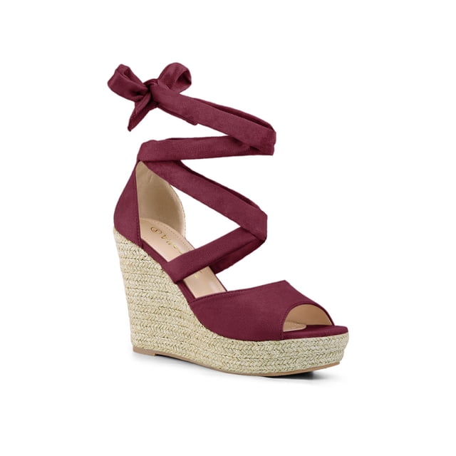 BLISSFUL STEP Chaussures pour Femmes Espadrilles à Lacets Sandales Compensées à Plateforme Bourgogne 9