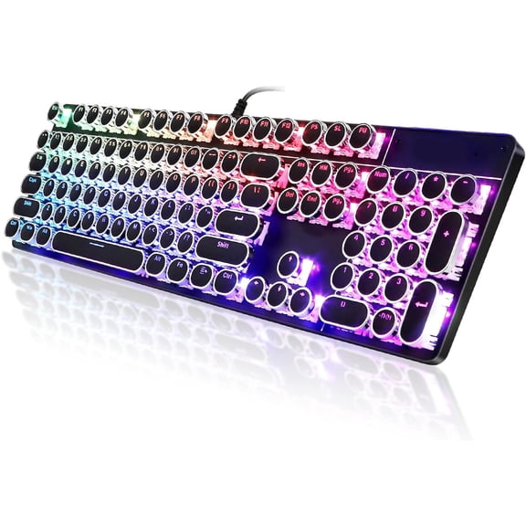 Retro Typewriter Style Mechanical Keyboard, 104 Keys Full Size Wired USB Keyboard with Blue Switches, RGB Backlit Gaming Keyboard with Metal Panel for PC Laptop Computer