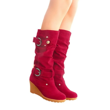 

Lhked Women s Winter Flat Shoe Round Toe Thicken Wedges Ladies Long Tube Boots& Red