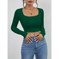 thumbnail image 2 of Long Sleeve Crop Tops for Women Ribbed Square Neck Slim Fitted Casual Lady Fashion Top Dark Green XS, 2 of 5