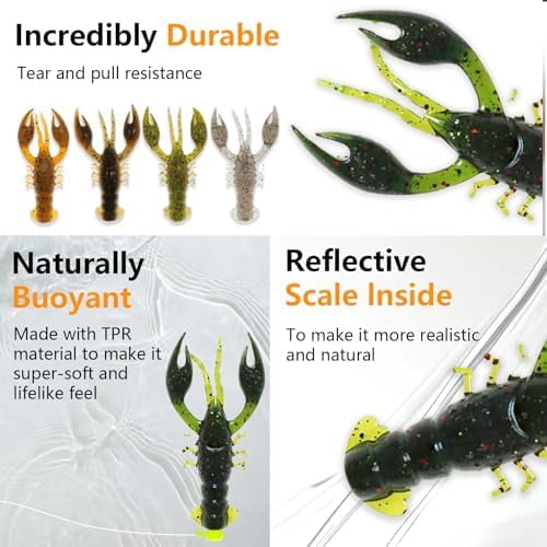 Soft Plastic Crawfish Lures Kit with Jig Heads, 25pcs/60pcs Creature Baits Fishing Lure Set for Bass Trout Pike Freshwater Fishing